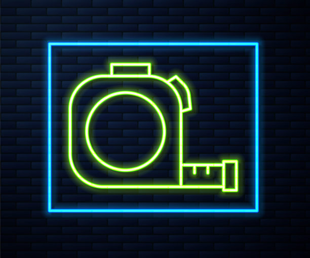 发光的霓虹线轮盘赌建设图标孤立的砖墙背景。卷尺符号。向量图片下载