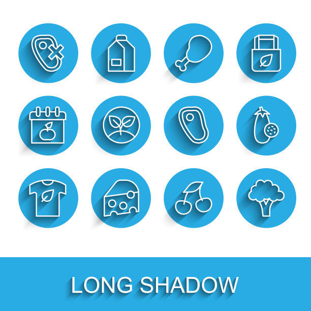 设定线素食衬衫，奶酪，无肉，新鲜浆果，西兰花，芽，茄子和牛排图标。向量图片下载