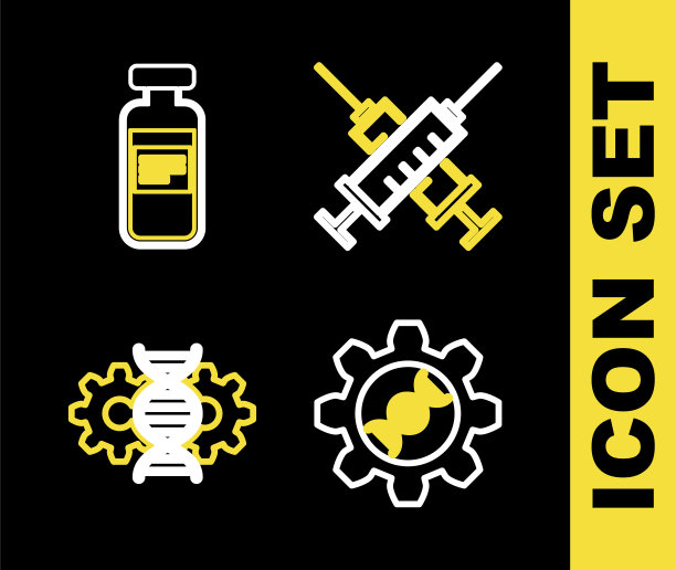 设置线交叉注射器，基因工程，编辑和医疗小瓶，安瓿图标。向量图片下载