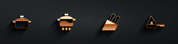 设置烹饪锅，刀和煎锅图标长阴影。向量图片下载