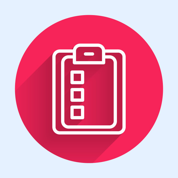 白线在线测验，测试，调查或检查表图标隔离与长阴影背景。考试名单。作为先进的概念。红色圆圈按钮。向量图片下载