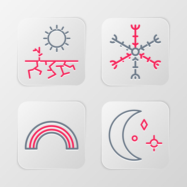 设置线月亮和星星，彩虹，雪花和干旱的图标。向量图片下载