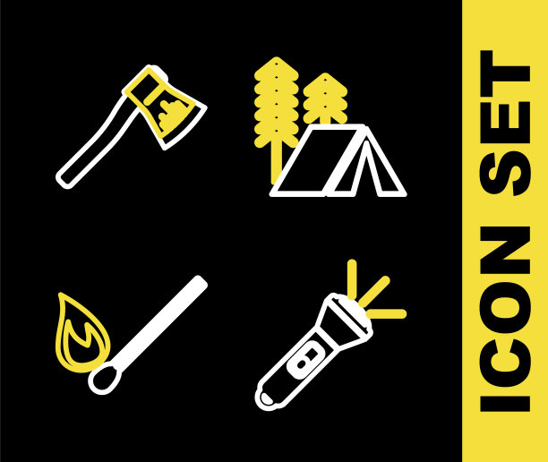 设置线旅游帐篷，手电筒，燃烧火柴与火和木斧图标。向量图片下载