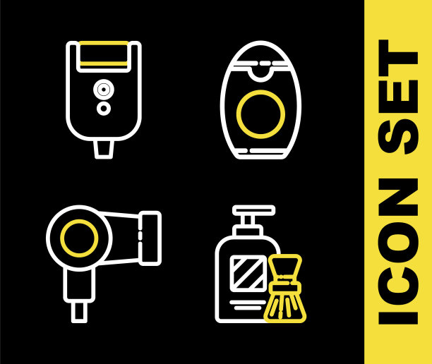 设定线瓶洗发水，剃须啫喱泡沫和刷子，吹风机和电动剃须刀片的男性图标。向量图片下载