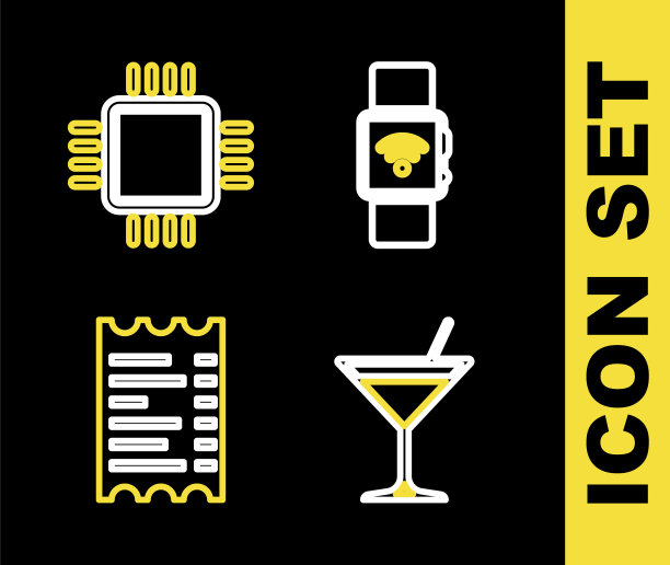 设置线智能手表无线，马提尼玻璃，纸张或财务检查和处理器CPU图标。向量图片下载
