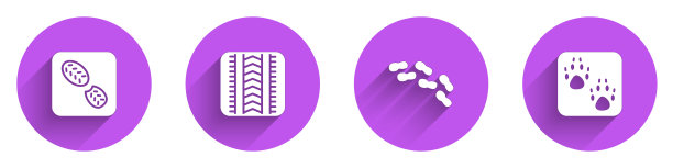 设置人类足迹鞋，轮胎的痕迹，和爪图标长阴影。向量图片下载