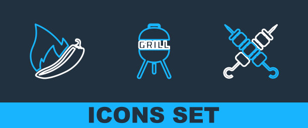 设置线烤羊肉串，热辣椒辣椒荚和烧烤图标。向量图片下载