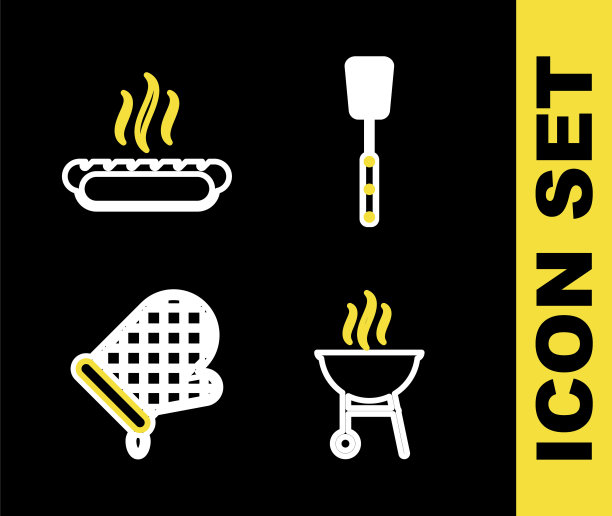 设置线烧烤抹刀，烤架，烤箱手套和热狗三明治图标。向量图片下载