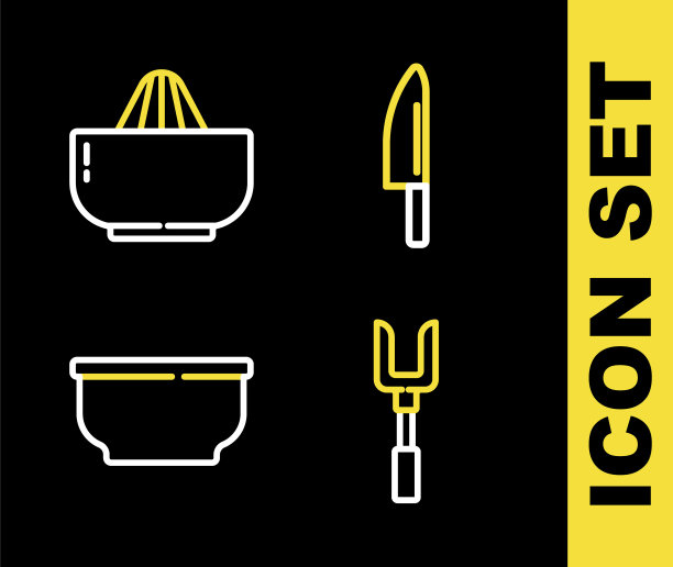 设定线刀，烧烤叉，碗和柑橘榨汁机图标。向量图片下载
