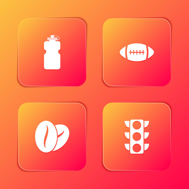 集运动瓶与水，美式橄榄球，咖啡豆和交通灯图标。向量图片下载