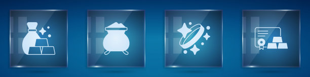 套装金条袋，正在浇注的熔液，金戒指和证书。方形玻璃板。向量图片下载