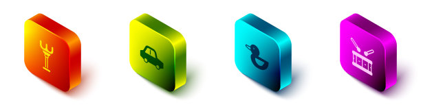 集等距耙玩具，玩具车，橡皮鸭和鼓鼓棒图标。向量图片下载