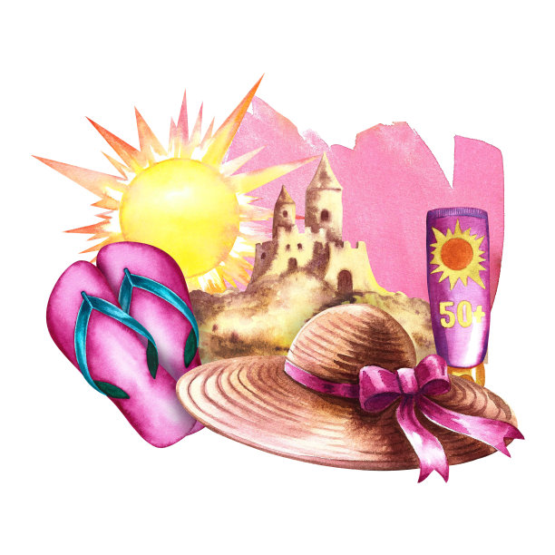 安息在大海上。描绘沙滩用具、沙滩石板、沙堡等的构图。水彩插图。用于设计传单，横幅，明信片。用于邀请函、海报、标签。图片下载