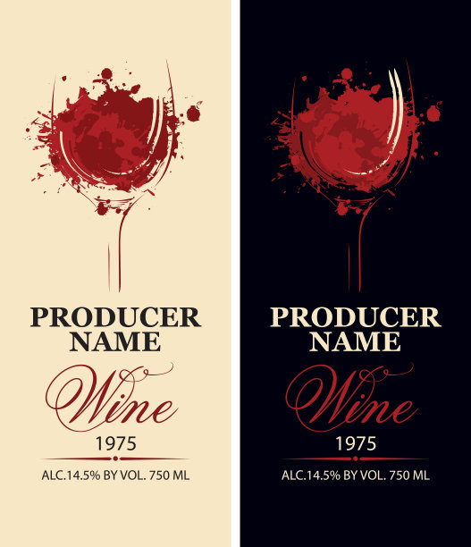 一组矢量葡萄酒标签与一杯葡萄酒图片下载