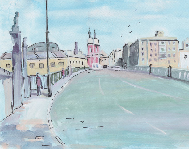 有桥梁和古建筑的城市景观图片下载