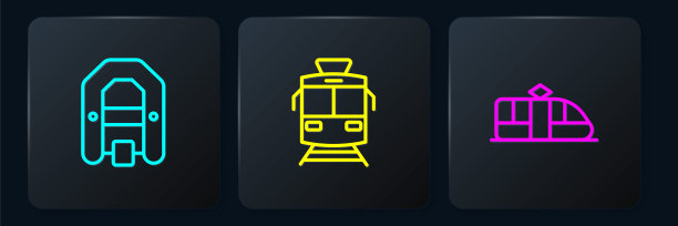 设漂流船、电车、铁路及。黑色方形按钮。向量图片下载