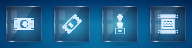 集堆栈纸币现金，电影票，石膏头雕塑胸像和纸莎草卷轴。方形玻璃板。向量图片下载