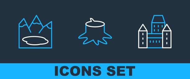 设置线Chateau Frontenac酒店，加拿大湖和树桩图标。向量图片下载