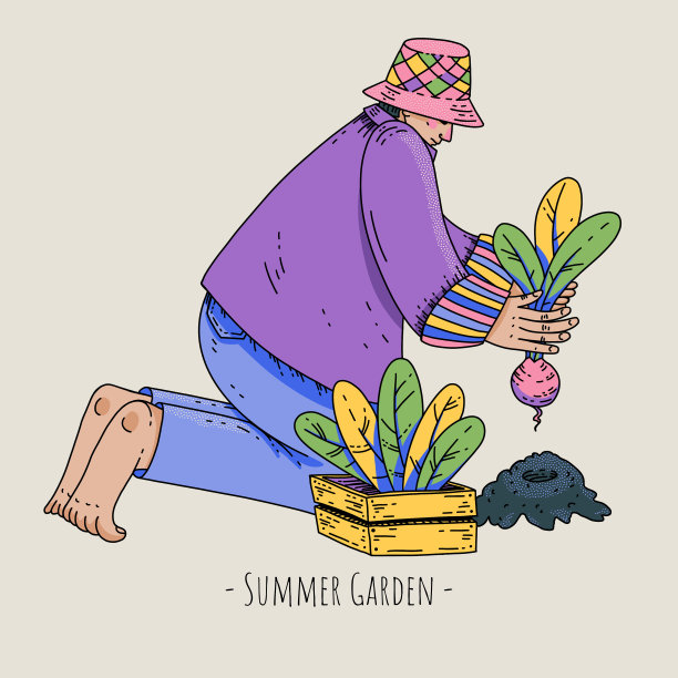 夏日花园人，卡通人物自然贺卡图片下载