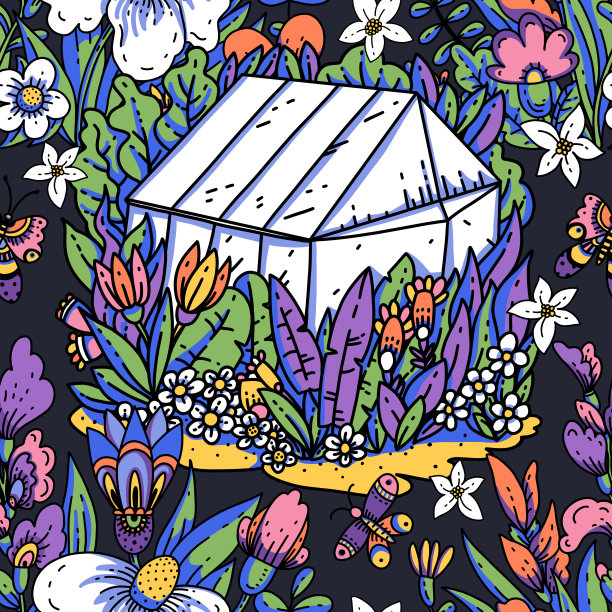 夏日花园温室无缝花纹，黑色上卡通现代花朵纹理图片下载