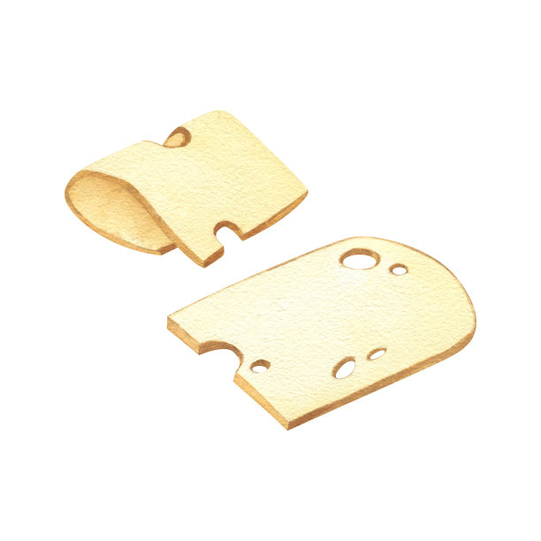 水彩画切片瑞士奶酪，带孔的三角奶酪。美味的牛奶食品手绘插图孤立的白色背景。适合菜单，食谱，标签，包装设计。图片下载