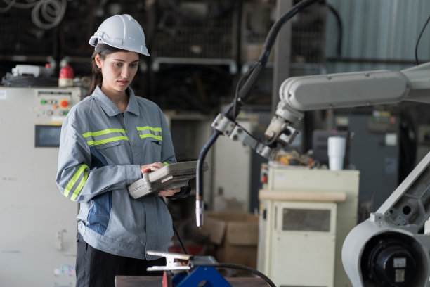 工业制造机械臂。女工程师工人在生产车间的生产线上控制自动机器人手臂焊机图片下载