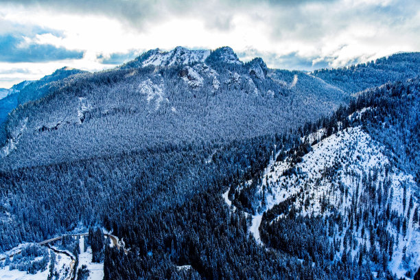 冬季被森林覆盖的山脉鸟瞰图图片下载