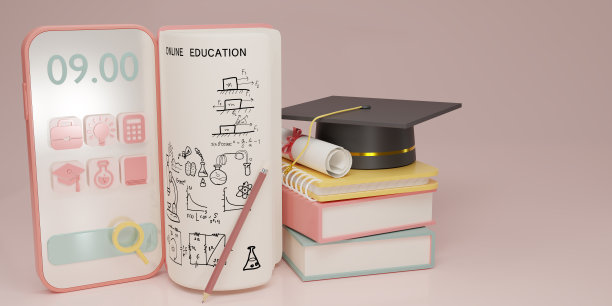 智能手机与书，书架图书馆，书讲座，毕业帽和铅笔在粉红色的背景。网站和移动应用的在线教育。在线培训课程。3 d渲染。图片下载