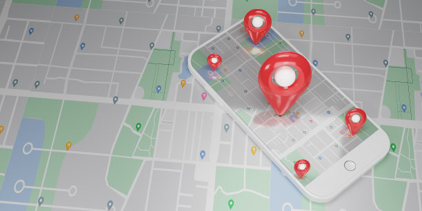 用手在白色智能手机上检查地图上的红针。手持手机在地图背景。智能手机。位置引脚，位置地图，位置图标。3d渲染图。图片下载