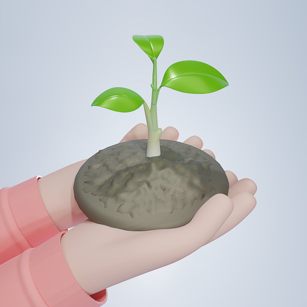 人的手握着土壤上的幼苗。在白色背景上手持植物。生态，地球日，森林保护理念。3d渲染图。图片下载