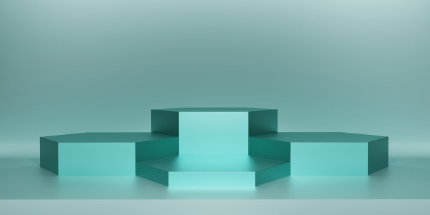 闪亮的绿松石绿色六边形底座或讲台。金属绿松石蓝六边形立方体空白展示或无尘室展示产品。为讲台展示或展示的极简主义模型。3 d渲染。图片下载