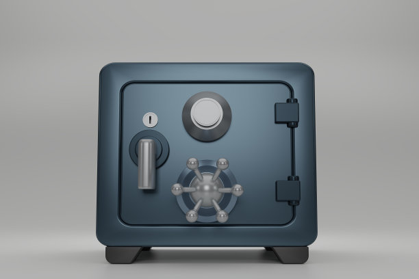 灰色背景上深蓝色的保险箱字体视图。封闭式金属保险箱。现实金属保险柜。关闭安全蓝色金属保险箱。3d渲染插图。图片下载