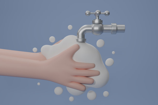 在水龙头下用肥皂洗手。孤立的蓝色背景。洗手图标。清洁双手，防止病毒和细菌。卫生的概念。3 d渲染。图片下载