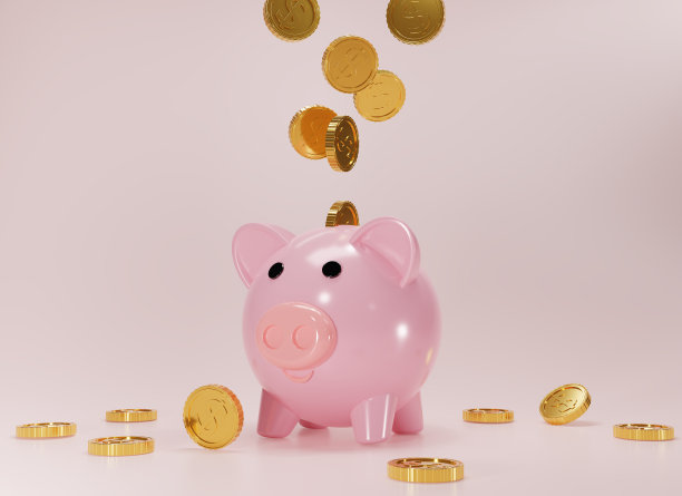 粉红色的小猪储蓄罐与下落的金币在软粉红色的背景。无现金社会概念。增长，收入，储蓄，投资。财富的象征。商业上的成功。三维渲染图片下载