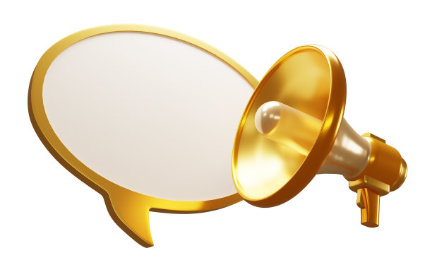 金色扩音器泡沫聊天文本隔离在白色背景。3D渲染金色磁传声器。Copyspace。3D渲染。图片下载