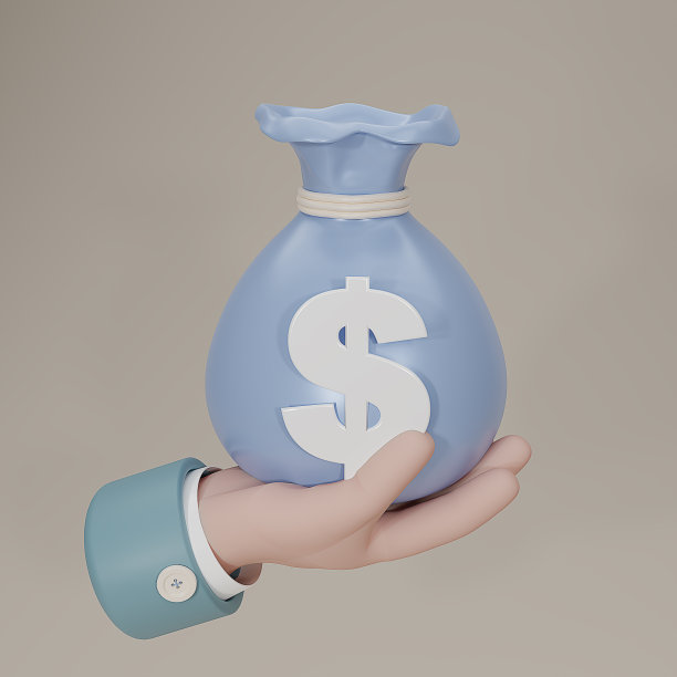 手边的蓝色钱袋。在灰色背景上孤立的卡通风格的钱袋图标。无现金社会概念。增长，收入，储蓄，投资，财富。3 d渲染。图片下载