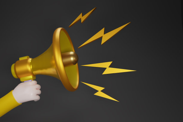 商人手持金色扩音器孤立在黑暗的背景下。金色的Magaphone，带有文本或信息的复制空间。3d渲染图。图片下载
