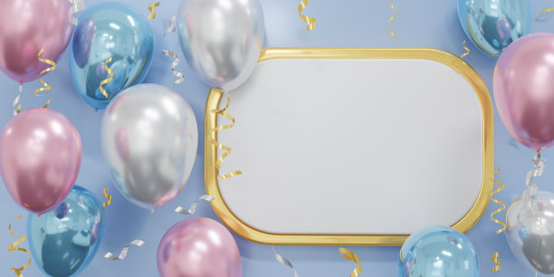 3d横幅模板设计与粉红色和蓝色氦气球。最小的贺卡在甜蜜的粉红色与金色框架的聚会，节日，生日，促销卡，海报。副本的空间。三维渲染图片下载