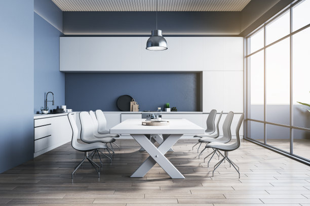 现代厨房用餐区，带阳台，全景窗和灯。室内设计概念。3 d渲染。图片下载