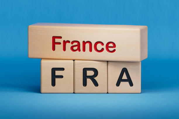 法国和联邦铁路局的标志。木块上的概念词France和FRA。英文名称和国家名称的缩写。副本的空间。蓝色背景的3D渲染。图片下载