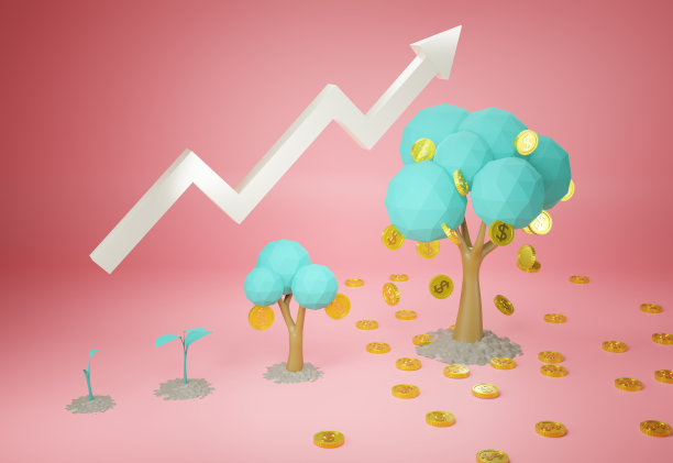 用投资金融和银行的概念种树和落金币。成长的树和下降的金币像收入图。小到大树和金元硬币图标。增加和利润硬币的3D渲染。三维渲染图片下载