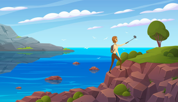 女子在海边的悬崖上自拍。女孩在美丽的海洋岩石岸边旅行图片下载