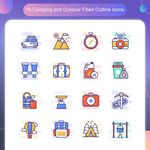 户外野营矢量填充轮廓图标集01图片下载