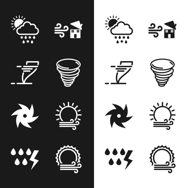 设置龙卷风，云与雪，雨，太阳，漩涡，风和，和风暴图标。向量图片下载
