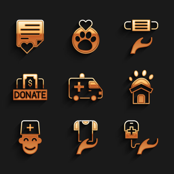 集救护车，衣服捐赠，血液，动物收容所，男医生，捐赠和慈善，医疗防护口罩和信封与心脏图标。向量图片下载