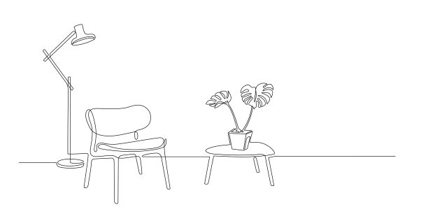 连续单线室内扶手椅，植物，落地灯。客厅的线条画与现代家具可编辑的笔触。一行。Handdraw轮廓。花盆里的花。涂鸦矢量图片下载
