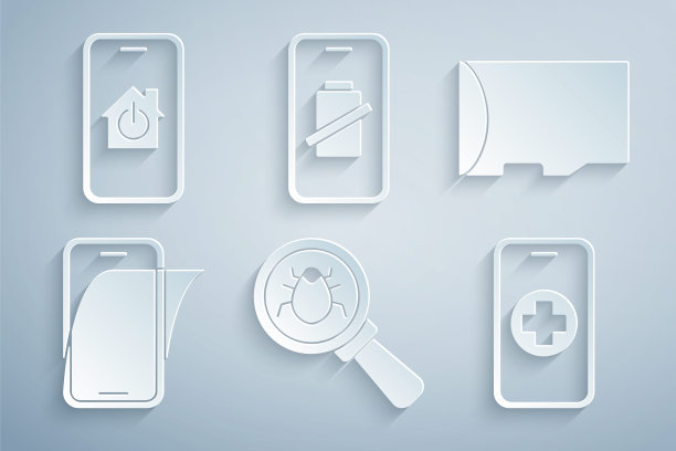 设置系统bug, Micro SD存储卡，玻璃屏幕保护膜，手机维修服务，智能手机电池充电和手机与智能家居图标。向量图片下载