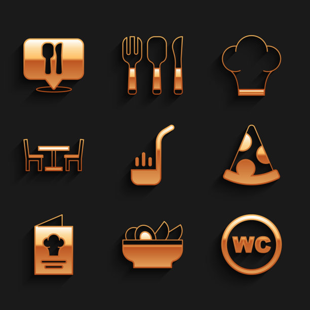 集厨房勺子，玉米片在盘子，厕所，披萨片，食谱，木桌与椅子，厨师帽和咖啡馆和餐厅的位置图标。向量图片下载