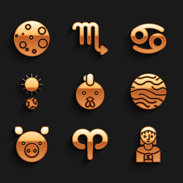 集鸡生肖，白羊座，占星女人，金星，猪，至日，巨蟹座和月亮图标。向量图片下载