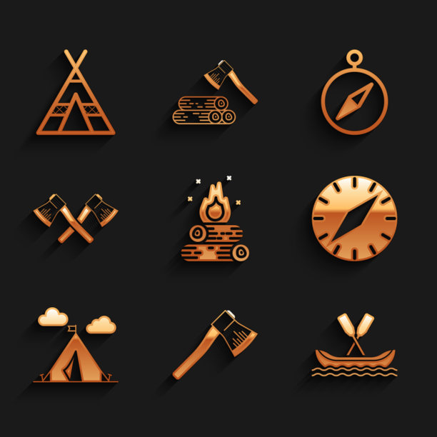 设置营火，木斧，漂流船，指南针，旅游帐篷与旗帜，交叉木，和图标。向量图片下载